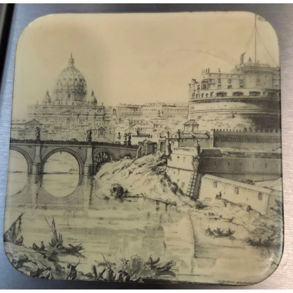 Vintage‎ Rome Italy Architectural Etching Coasters Set of 7 Red Backing Landmark